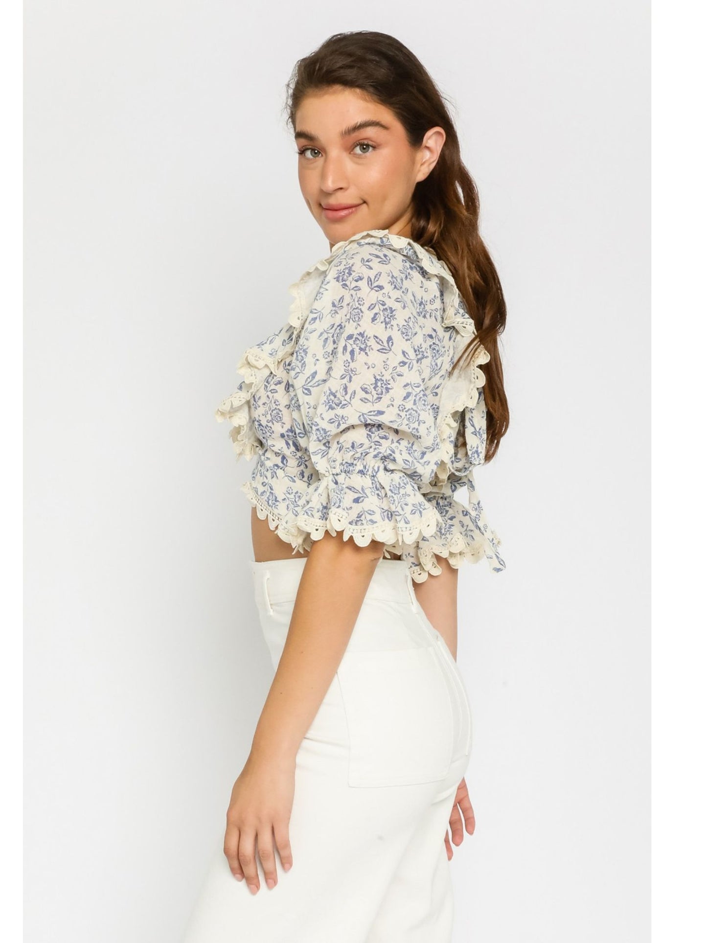 Blue Floral Lace Ruffled Blouse