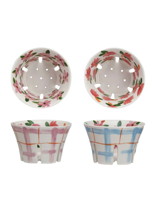 Hand-Painted Stoneware Berry Bowl w/ Plaid & Floral Pattern