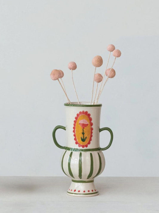 Hand-Painted Stoneware Urn w/ Flower, Stripes & Handles (Pick-Up ONLY)