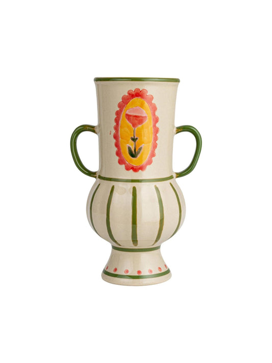 Hand-Painted Stoneware Urn w/ Flower, Stripes & Handles (Pick-Up ONLY)