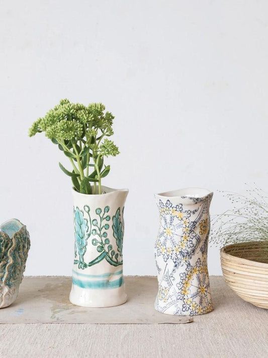 Hand-Painted Stoneware Organic Shaped Vase w/ Wax Relief Pattern