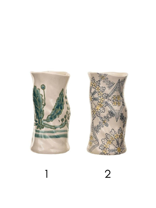 Hand-Painted Stoneware Organic Shaped Vase w/ Wax Relief Pattern