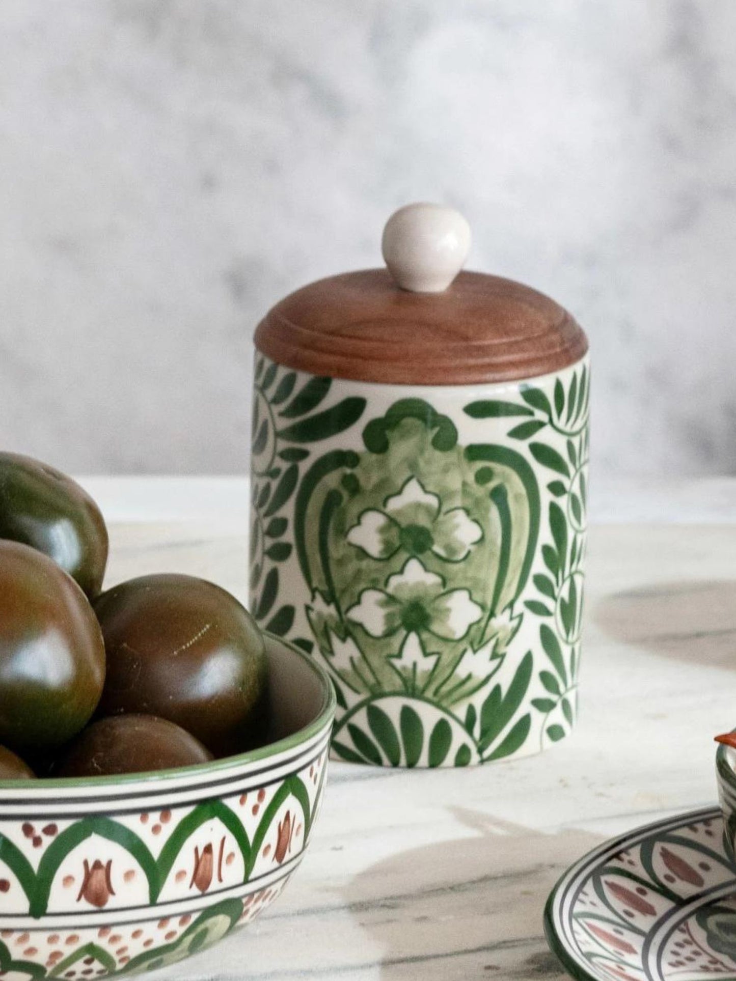 Stoneware Canister w/ Design & Acacia Wood Lid