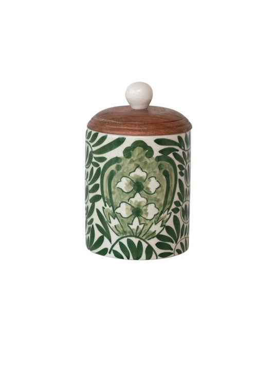 Stoneware Canister w/ Design & Acacia Wood Lid