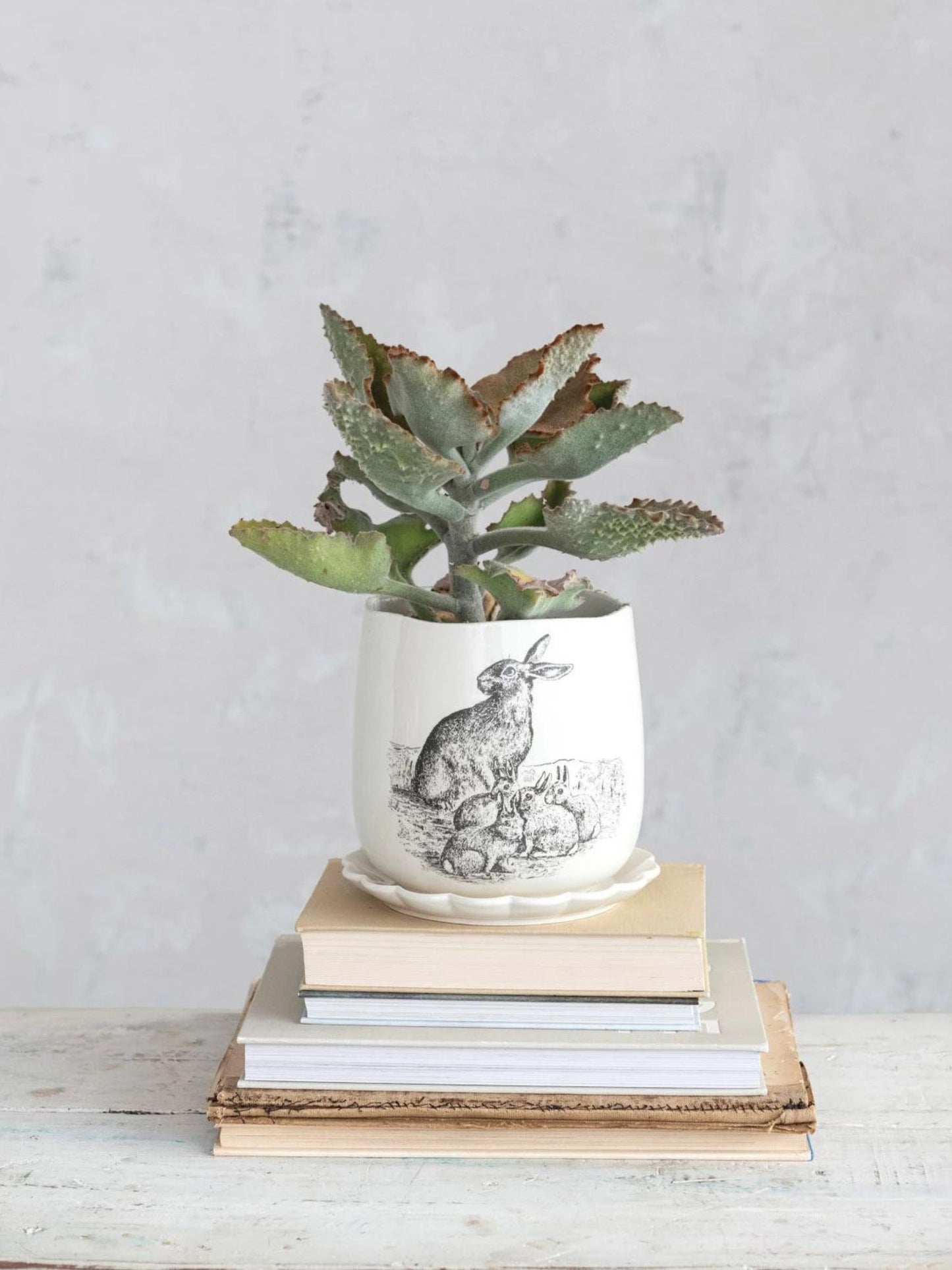 Stoneware Planter w/ Rabbits & Scalloped Saucer