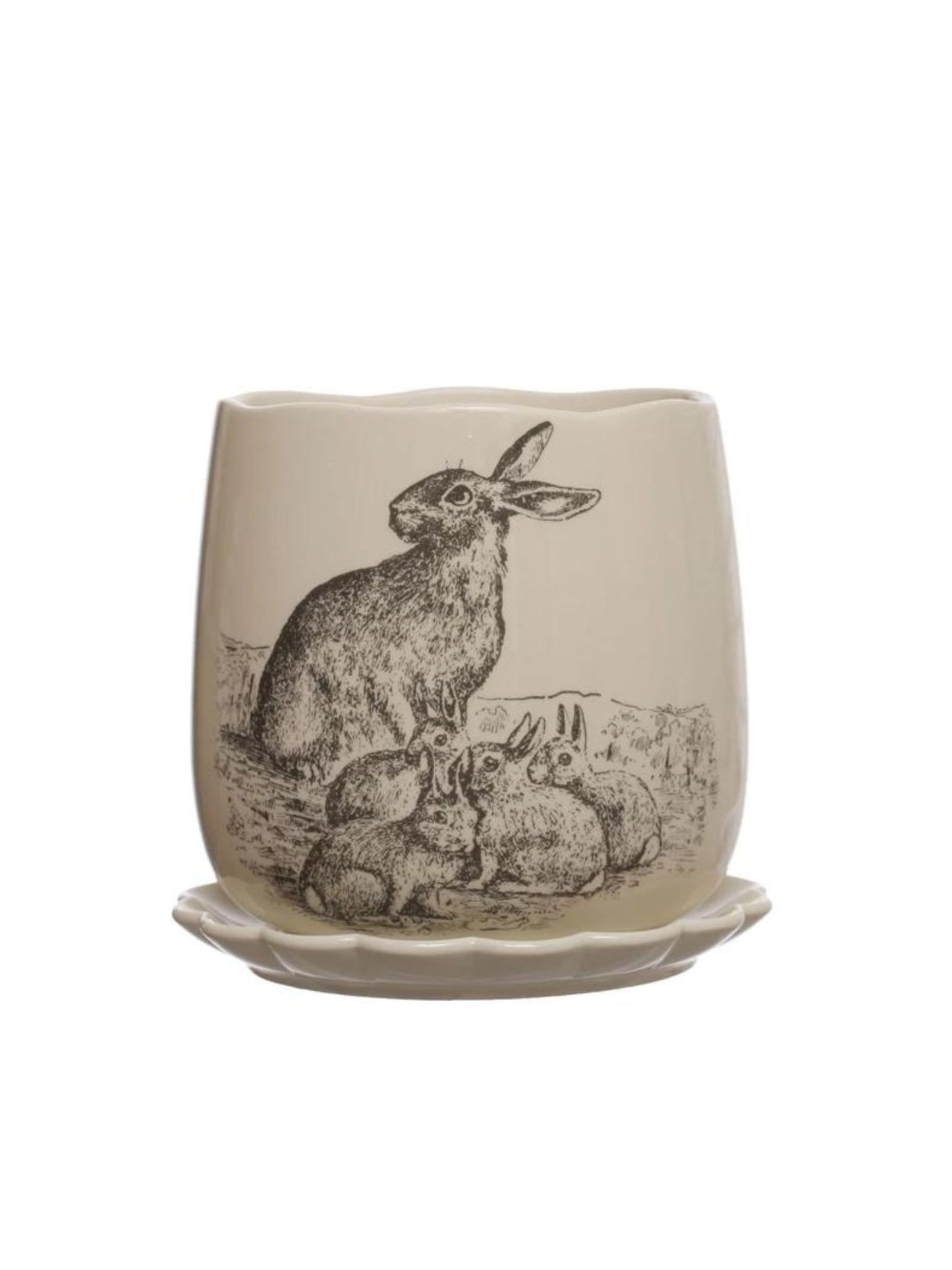 Stoneware Planter w/ Rabbits & Scalloped Saucer