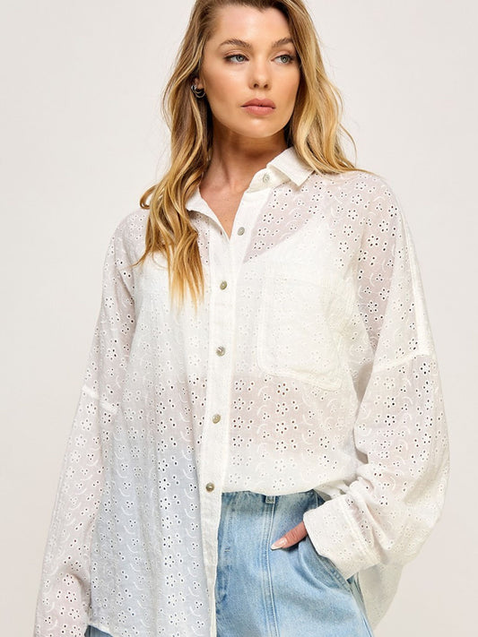 Eyelet Embroidered Button Down Top