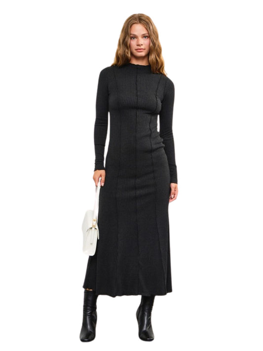 Black Mock Neck Ribbed Dress