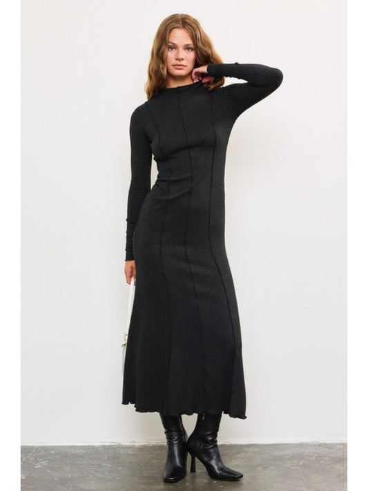 Black Mock Neck Ribbed Dress