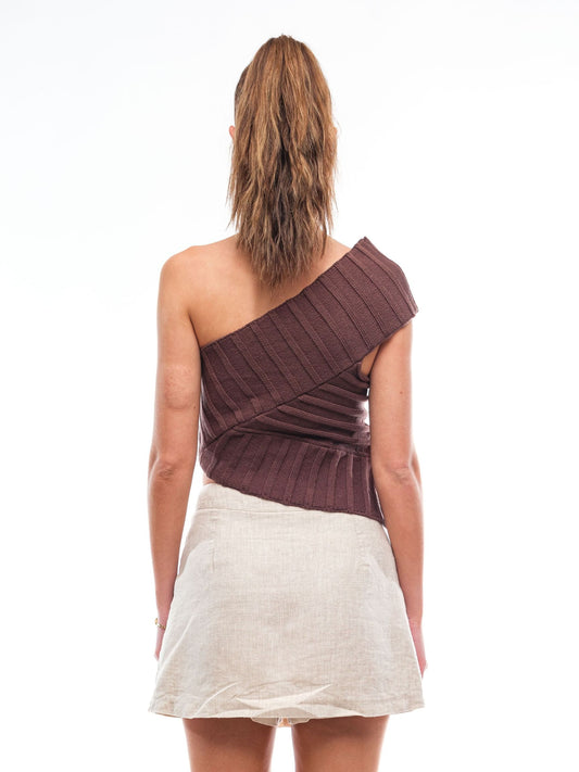 Contrasting Band Ribbed Angular Top - Chocolate