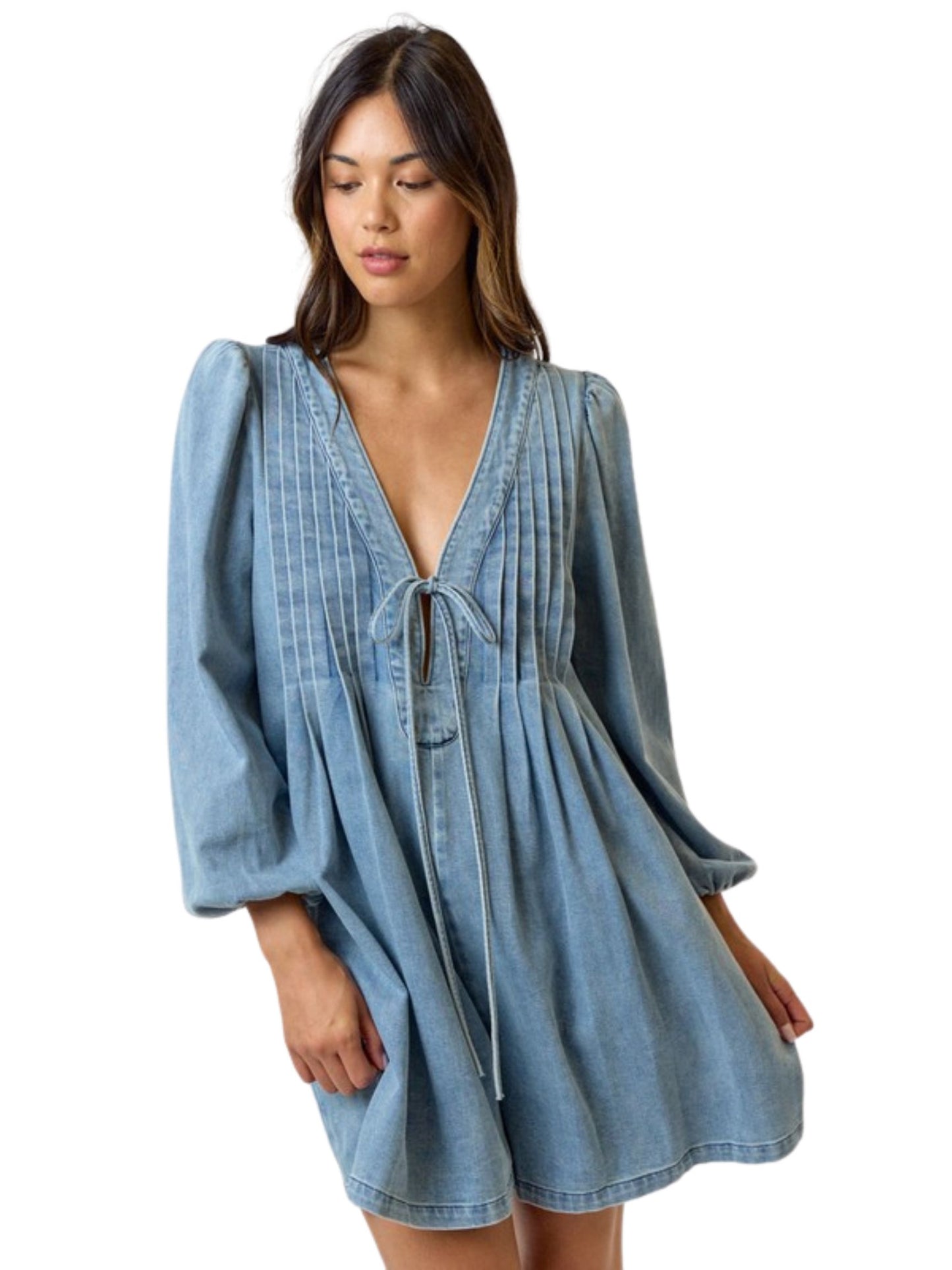 Pleated Front Tie Denim Romper