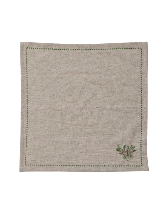 Square Cotton & Linen Napkins w/ Botanical, Embroidery & French Knots