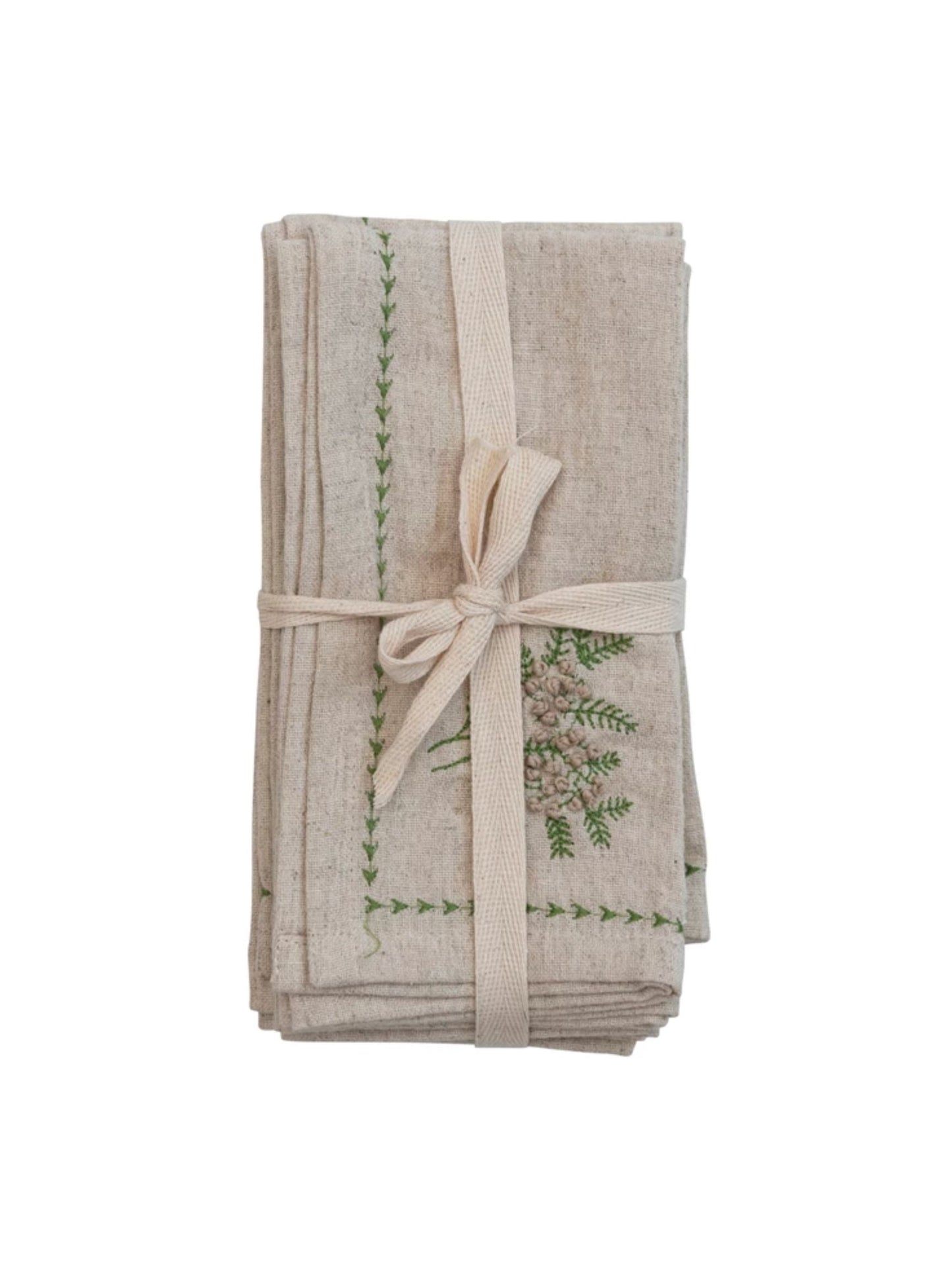 Square Cotton & Linen Napkins w/ Botanical, Embroidery & French Knots