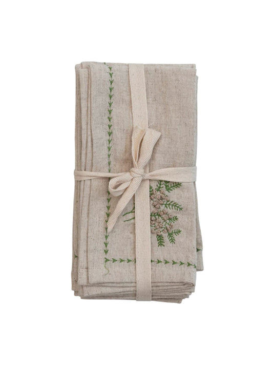 Square Cotton & Linen Napkins w/ Botanical, Embroidery & French Knots