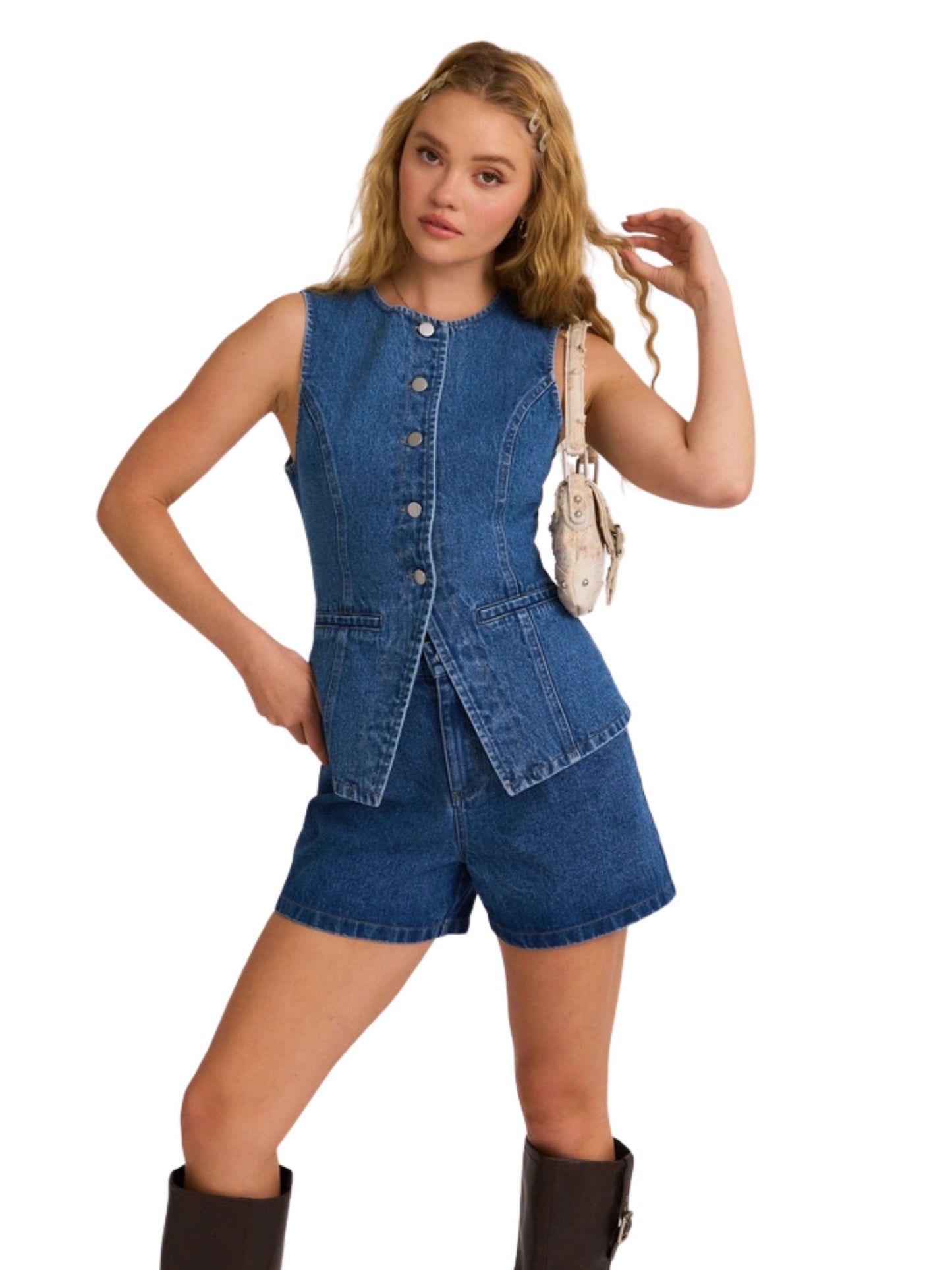 Button Front Sleeveless Denim Top