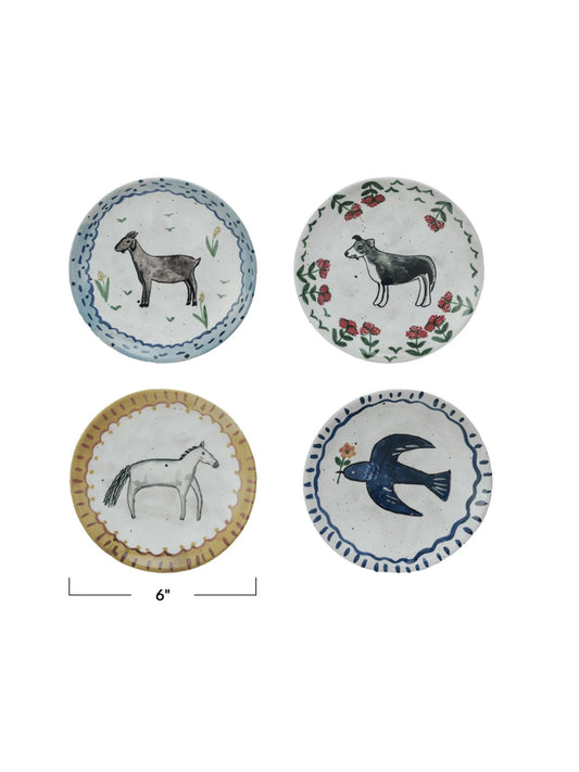 6" Round Hand-Painted Stoneware Plate w/ Animal Image