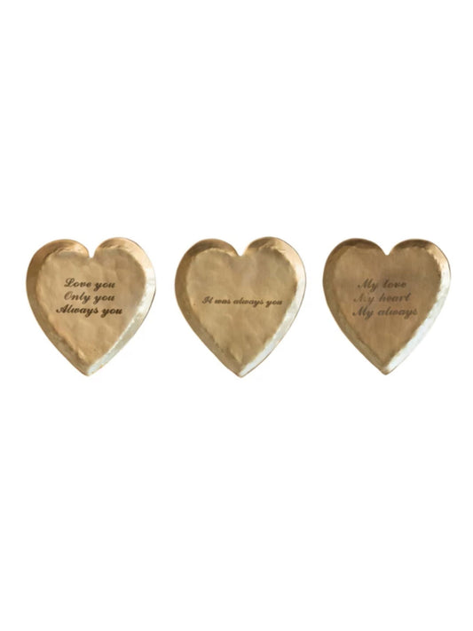 Hammered Brass Heart Shaped Dish w/ Laser Etched Saying