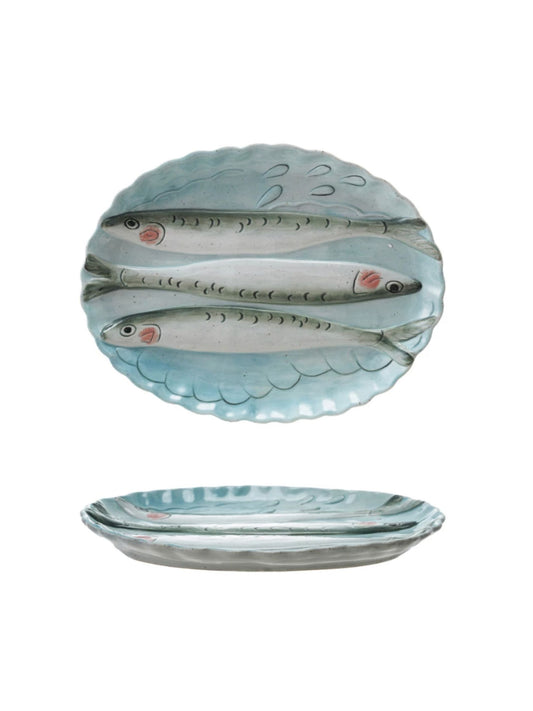Oval Stoneware Scalloped Plate with 3D Fish Image