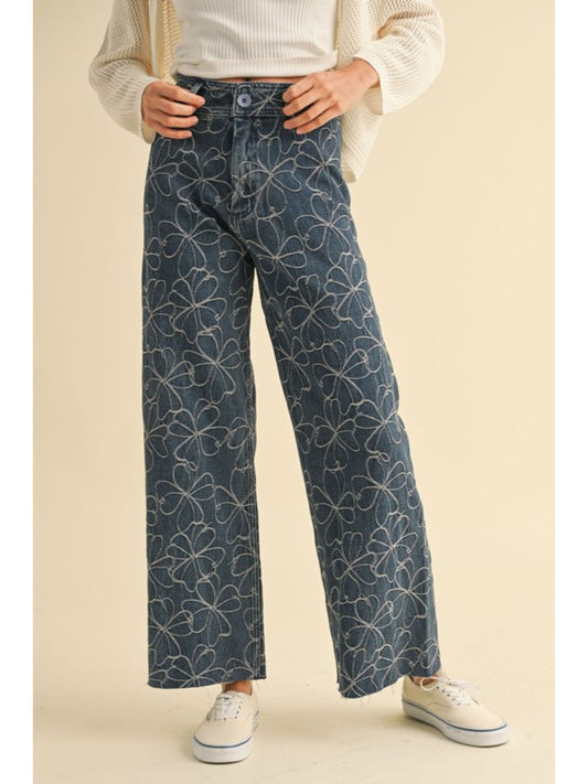 Floral Stitch Pattern Denim Pants