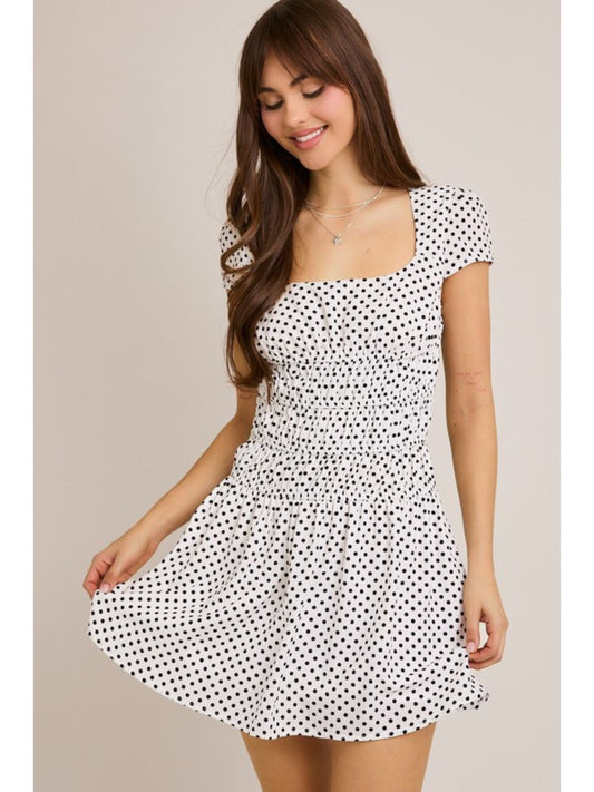 Scottie Ruched Polka Dot Mini Dress