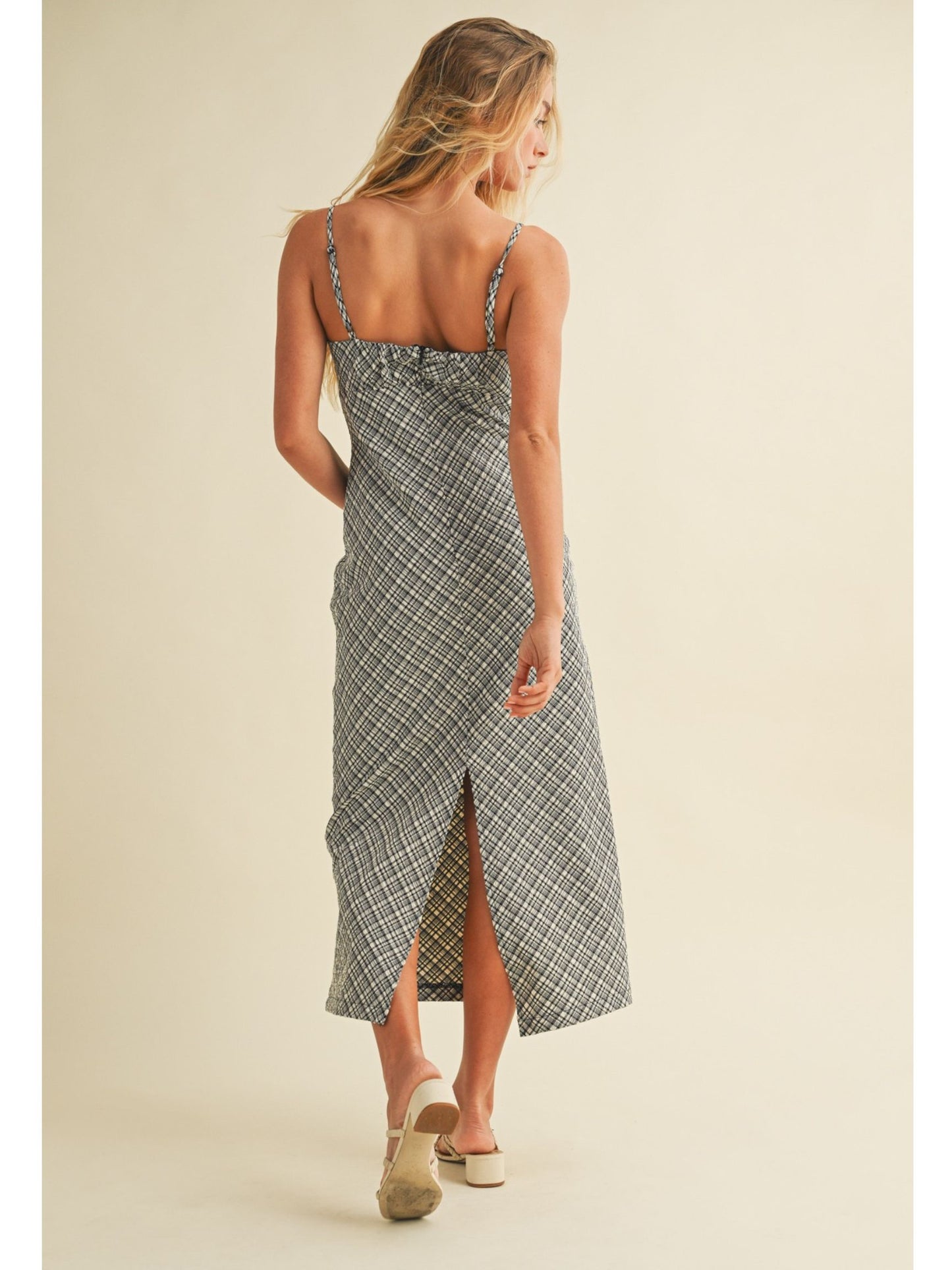 Textured Plaid Drawstring Neck Midi Dress