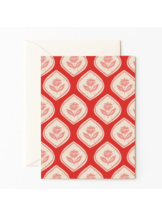 Red Floral Block Print Card