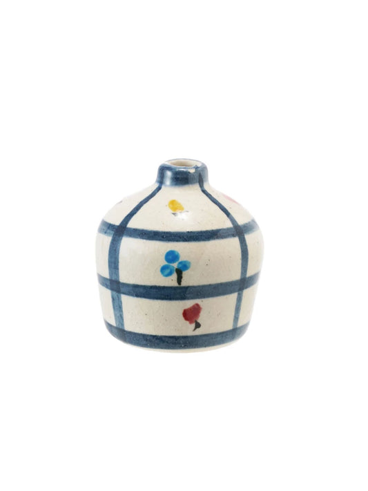 Hand-Painted Terra-cotta Vase w/ Flowers & Grid Pattern
