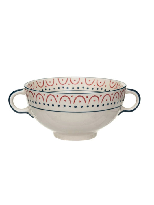 Stoneware Bowl w/ Handles & Pattern