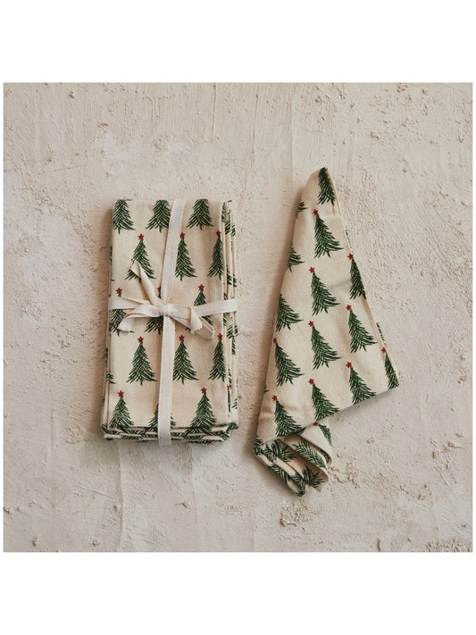 Stonewashed Cotton Printed Napkins w/ Christmas Tree Pattern, Set of 4