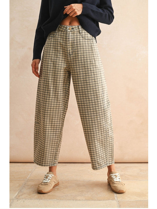 Mini Checker Pattern Barrel Pants