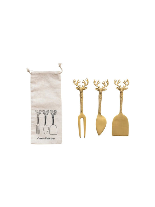 Brass Cheese Knives w/ Reindeer Handles, Set of 3 in Printed Drawstring Bag