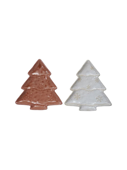 Stoneware Tree Shaped Plate with Snowflakes