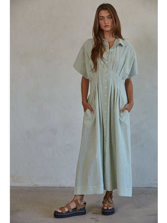 Olive Woven Striped Pleated Flare Dress