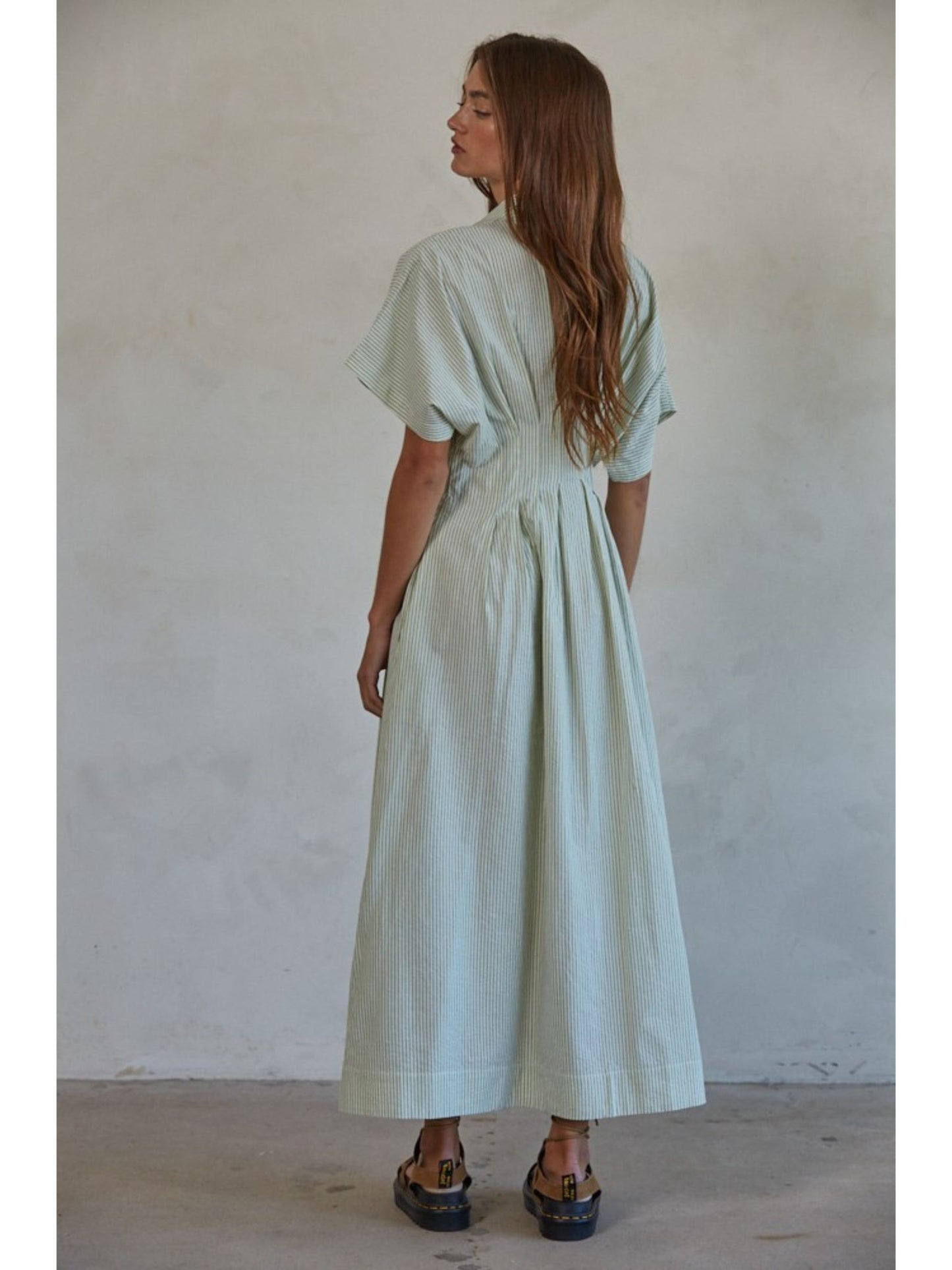 Olive Woven Striped Pleated Flare Dress