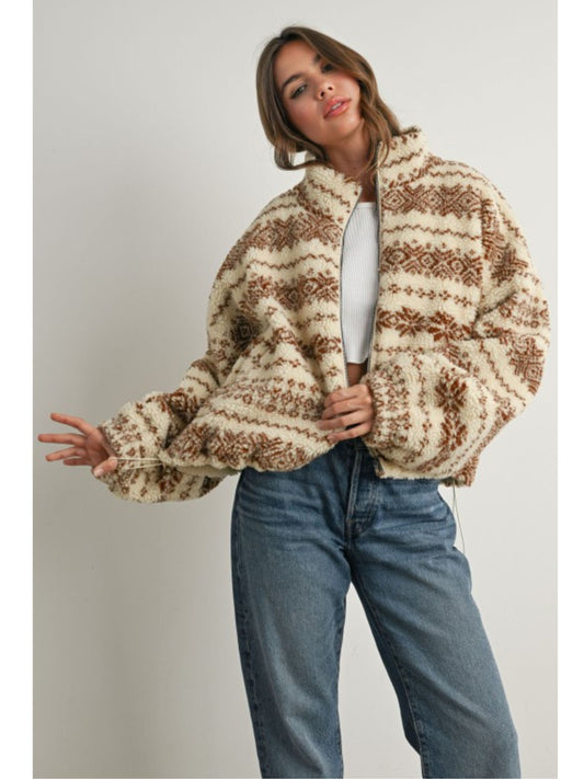 Fuzzy Fleece Zip-front Patterned Jacket