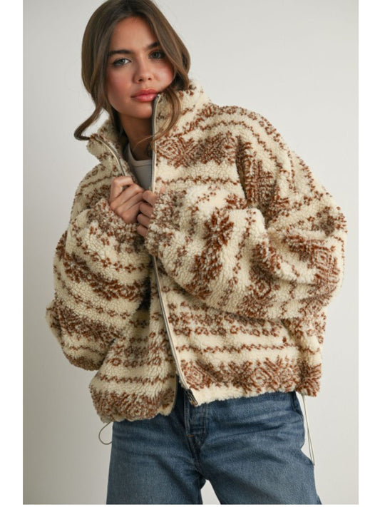 Fuzzy Fleece Zip-front Patterned Jacket