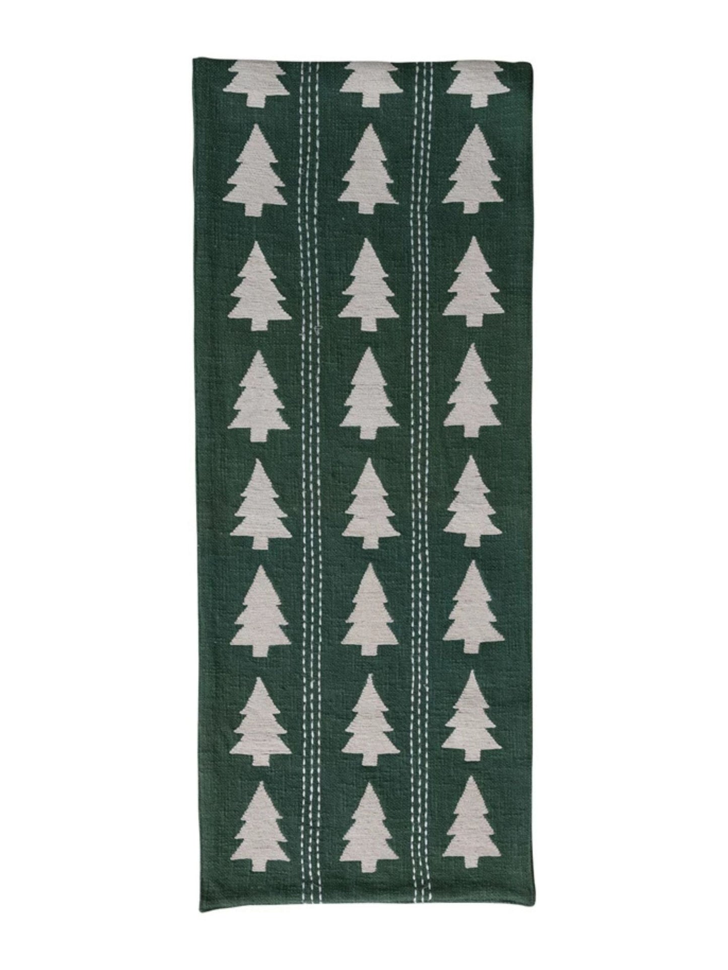 Table Runner with Trees Pattern, Embroidery & Stitching, Green & Natural