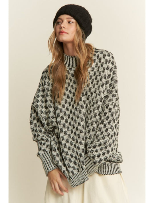 Cleo Oversized Mock Neck Checkered Sweater