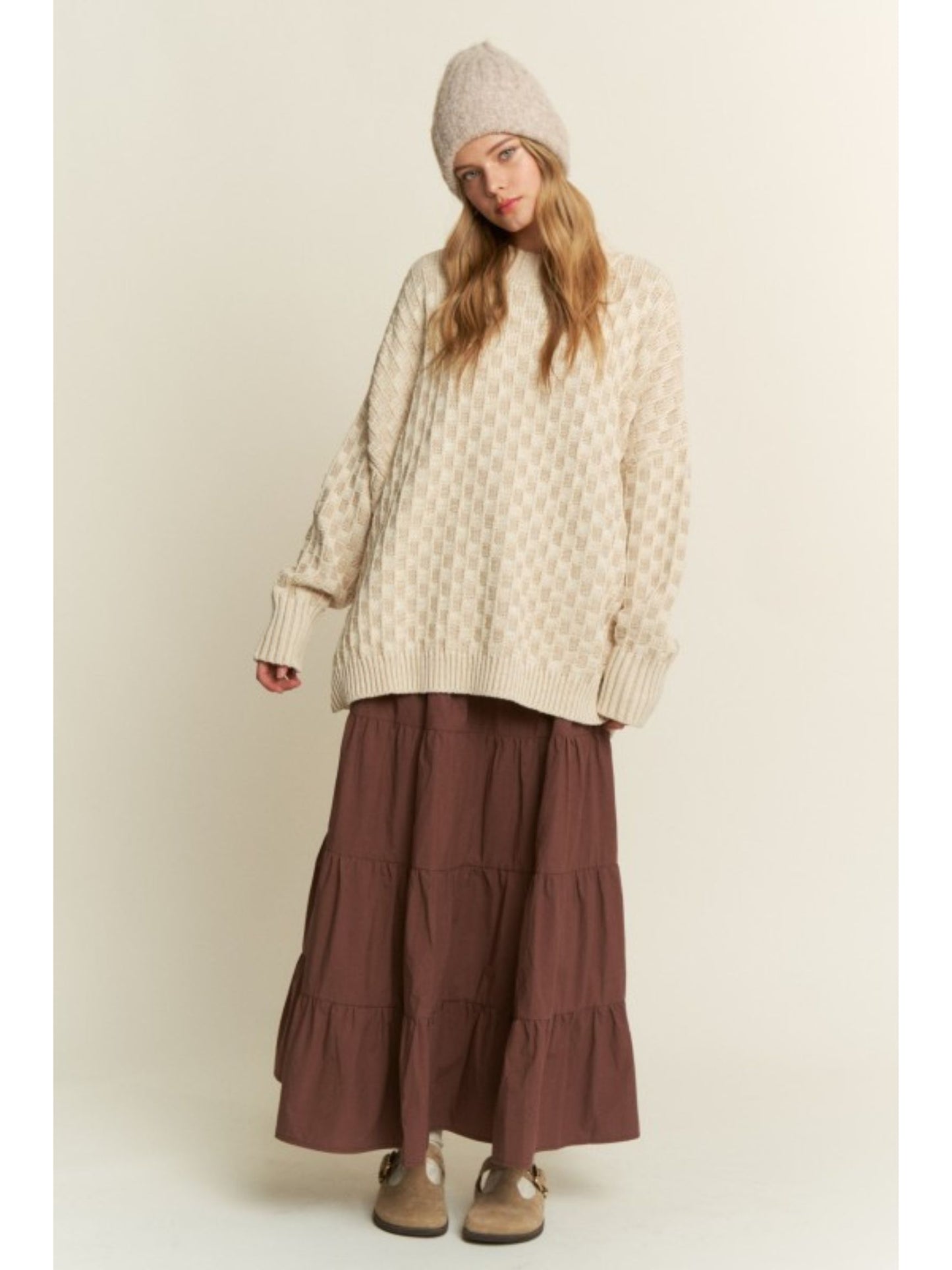 Cleo Oversized Mock Neck Checkered Sweater