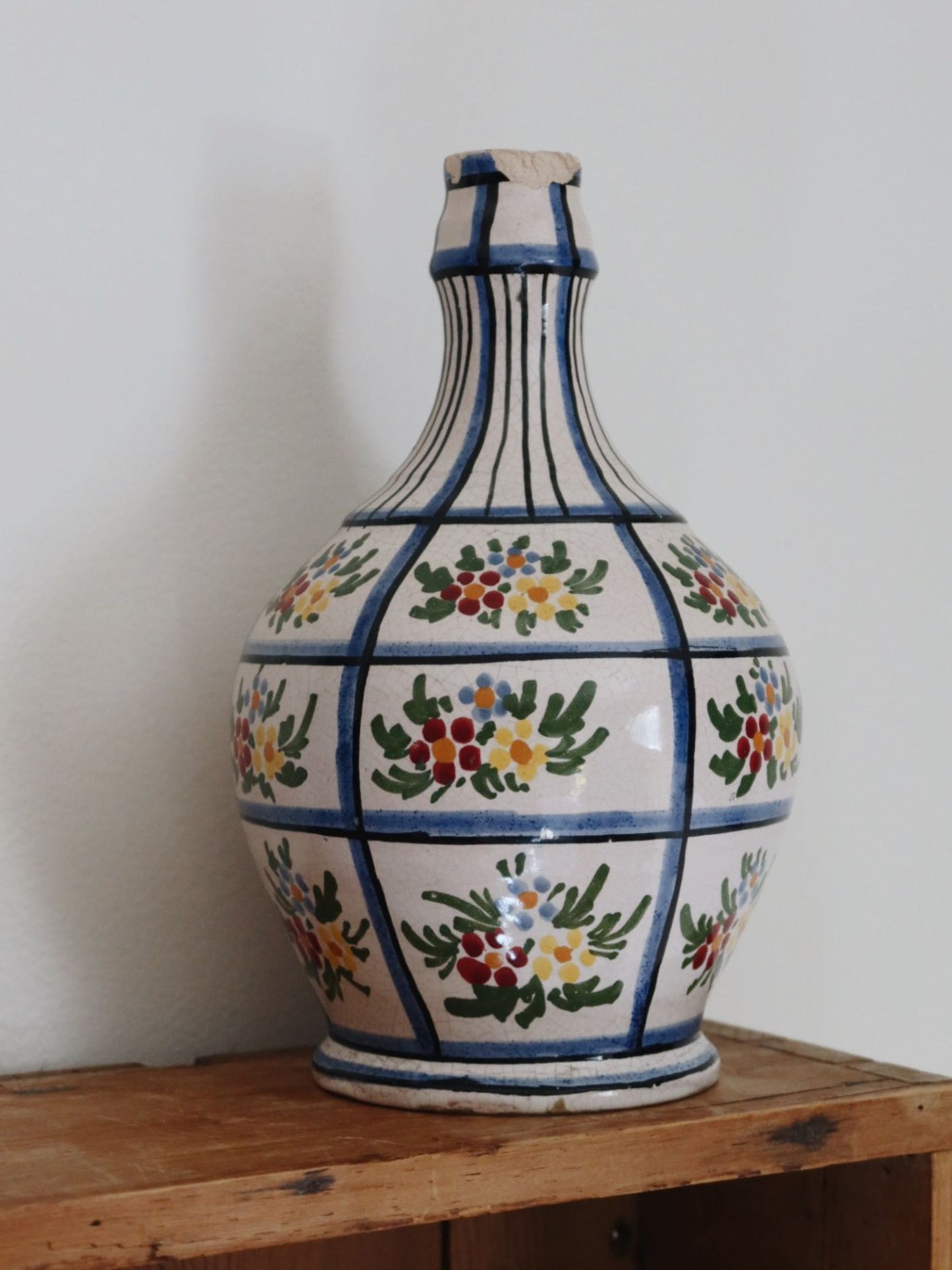 Vintage Blue Stripe Vase w/ Floral Detail - Pick Up Only