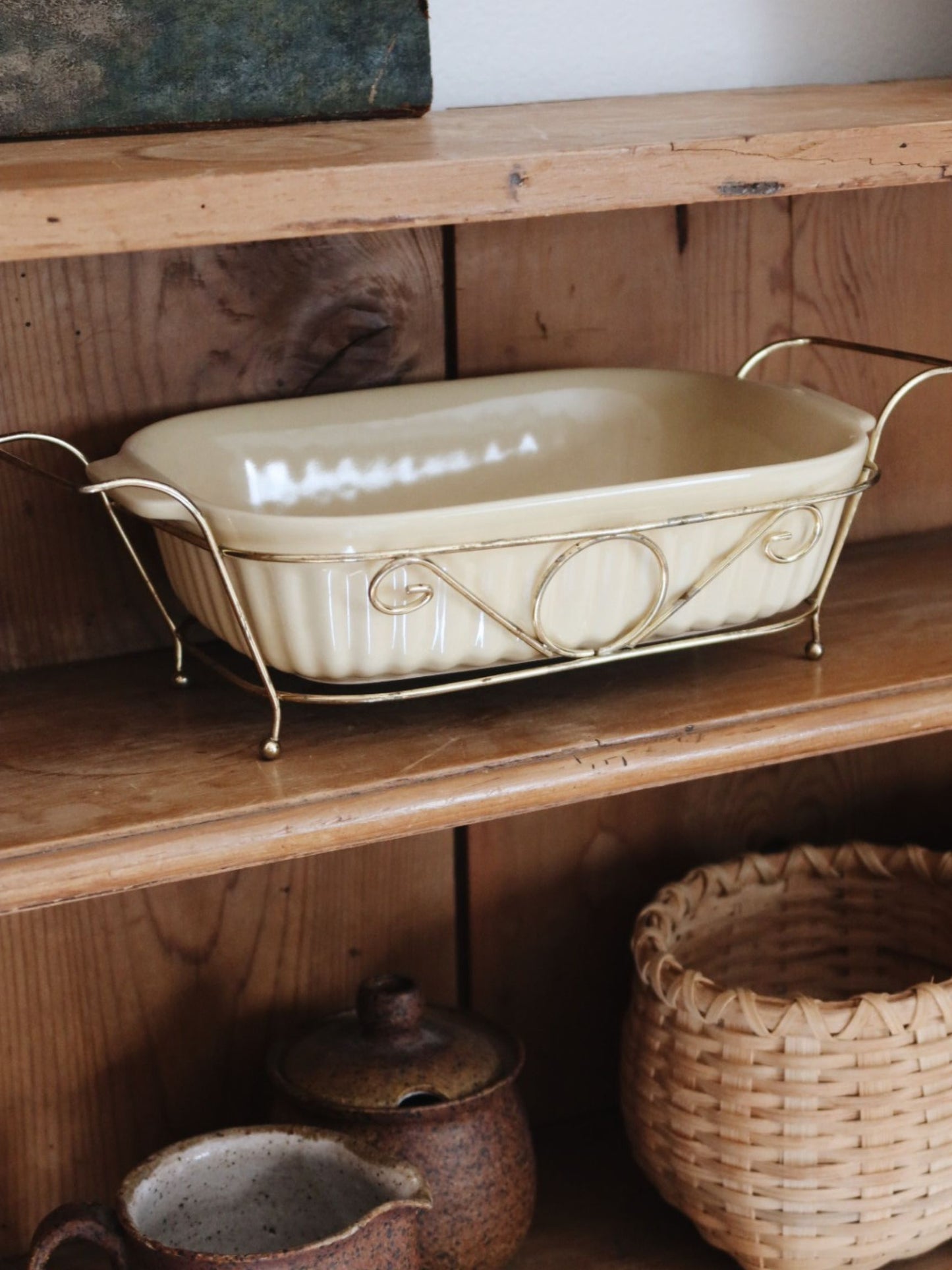 Vintage Casserole Dish w/ Brass Stand