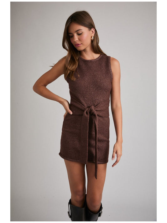 Round Neck Waist Tie Detail Sweater Mini Dress