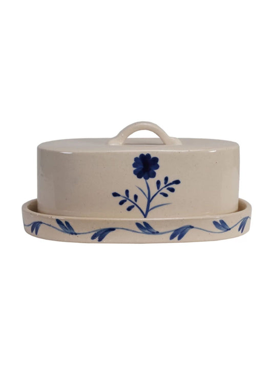 Blue and White Hand-Painted Stoneware Butter Dish