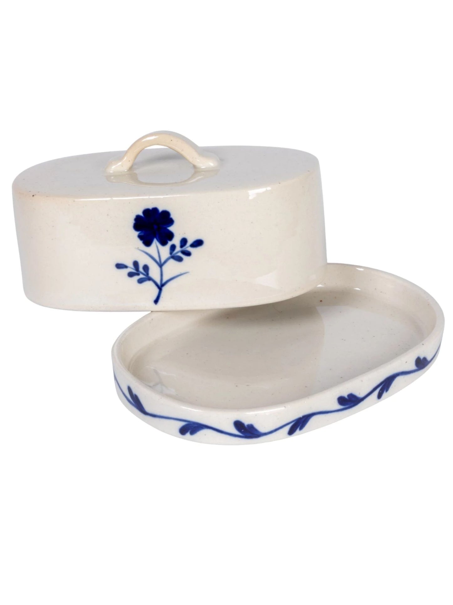 Blue and White Hand-Painted Stoneware Butter Dish