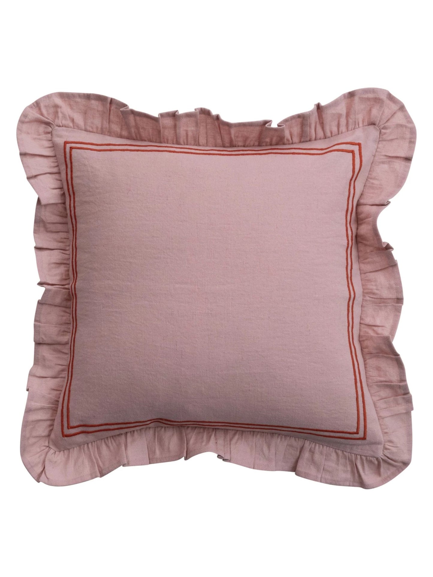Cotton & Linen Pillow w/ Embroidered Striped & Ruffle