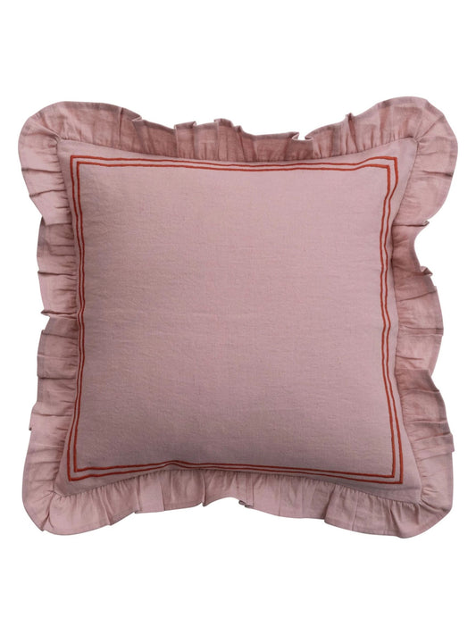 Cotton & Linen Pillow w/ Embroidered Striped & Ruffle