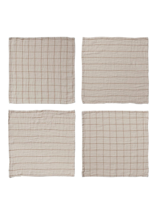 Cotton Double Cloth Napkins w/ Grid/Stripe - Set of 4
