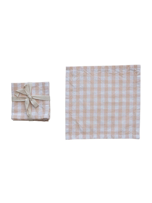 Cotton Cocktail Napkins w/ Gingham Pattern, Blush Color, Set of 4
