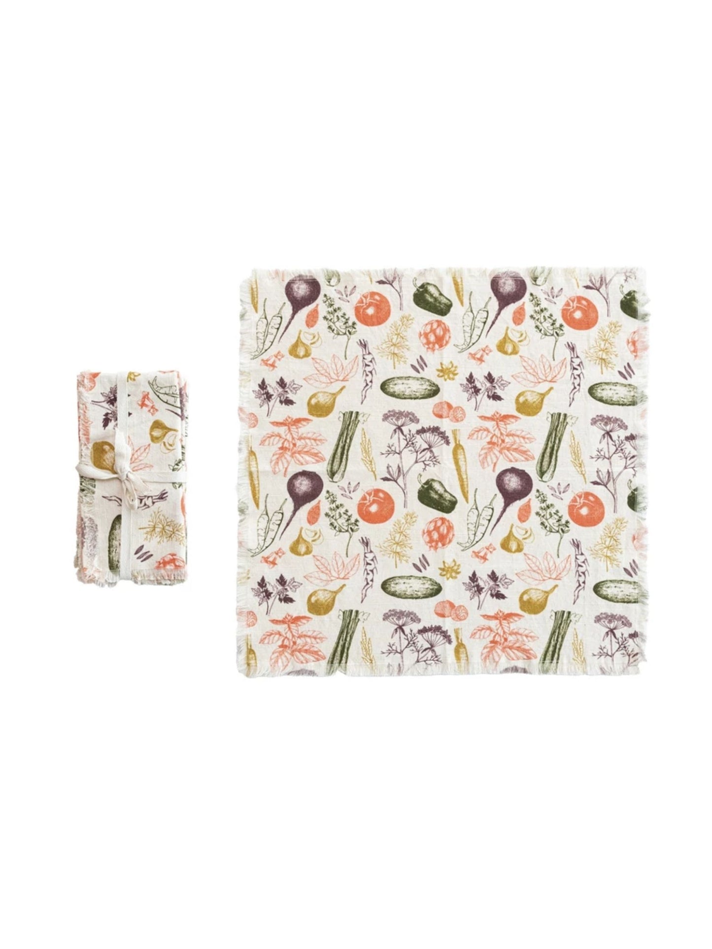 Cotton Printed Napkins w/ Vegetable Pattern & Fringe