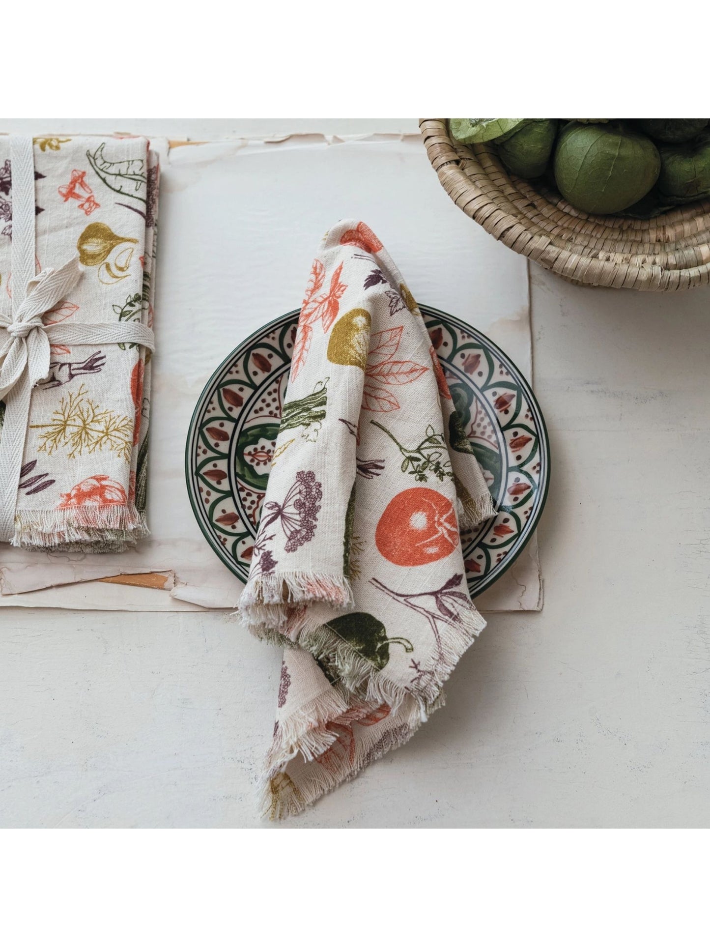 Cotton Printed Napkins w/ Vegetable Pattern & Fringe